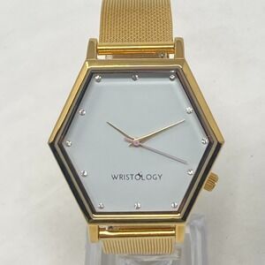 Wristology Watch Women 41mm Gold Tone Hexagon Adjustable Mesh Band New Battery